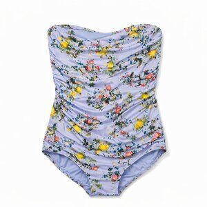 Hanky Panky Bandeau Ruched One-Piece Swimsuit Strapless Floral Blue